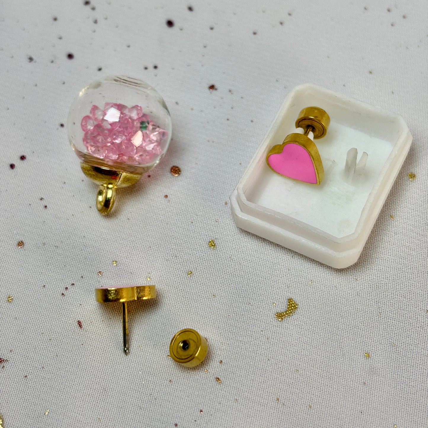 Mini Aros Acero Quirúrgico Dorado Corazón Rosa - Tope Presión Abridor