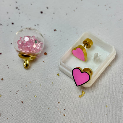 Mini Aros Acero Quirúrgico Dorado Corazón Rosa - Tope Presión Abridor
