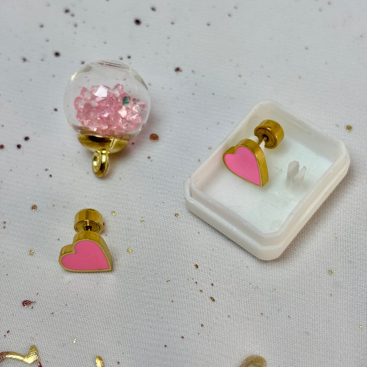 Mini Aros Acero Quirúrgico Dorado Corazón Rosa - Tope Presión Abridor