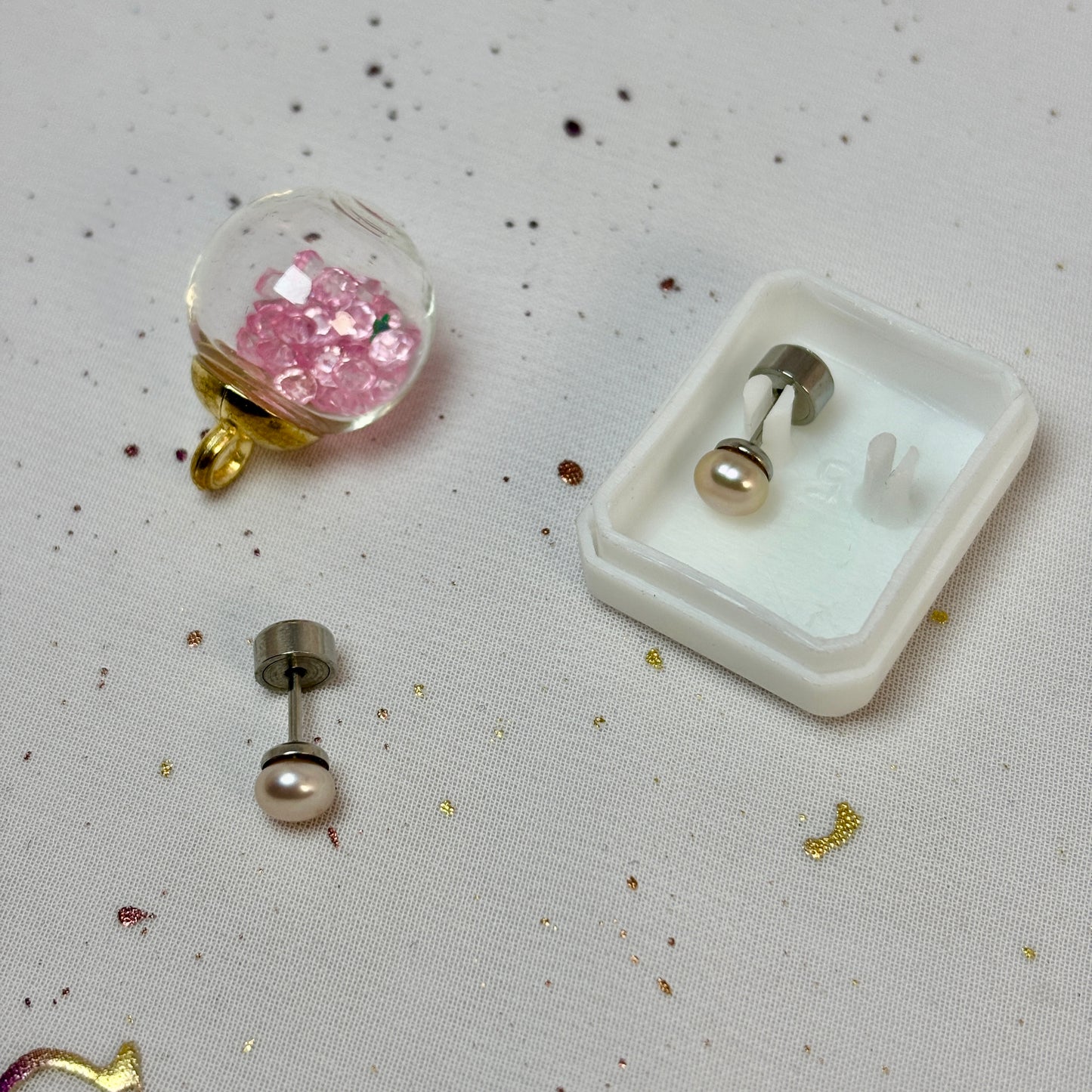 Mini Aros Acero Quirúrgico Perla Rosa - Tope Presión Abridor