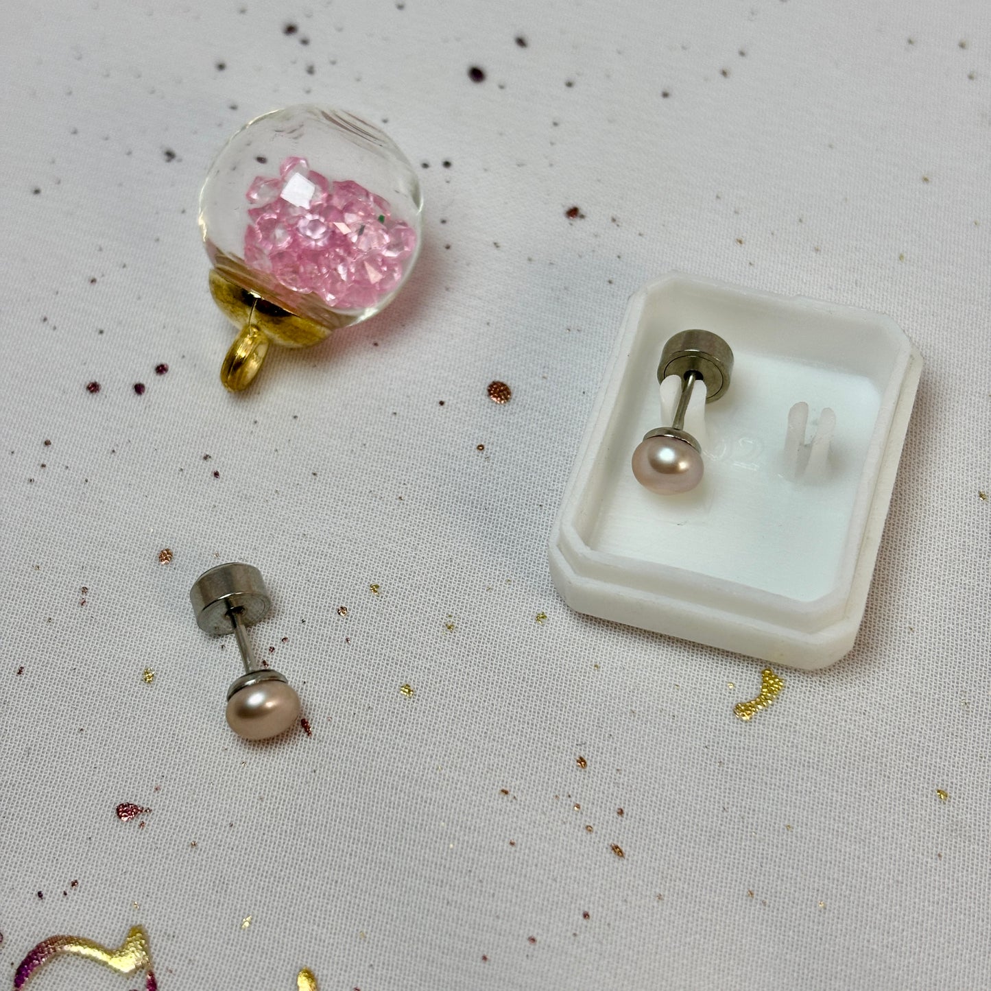 Mini Aros Acero Quirúrgico Perla Rosa - Tope Presión Abridor