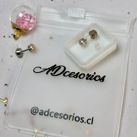 Mini Aros Acero Quirúrgico Perla Rosa - Tope Presión Abridor