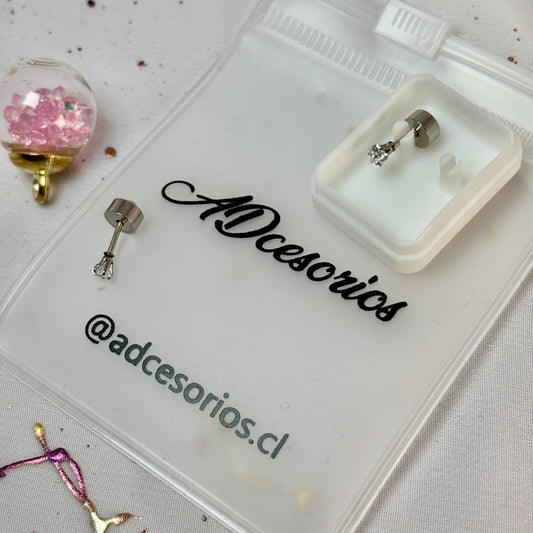 Mini Aros Acero Quirúrgico Plateado Corona Circón 3MM - Tope Presión Abridor