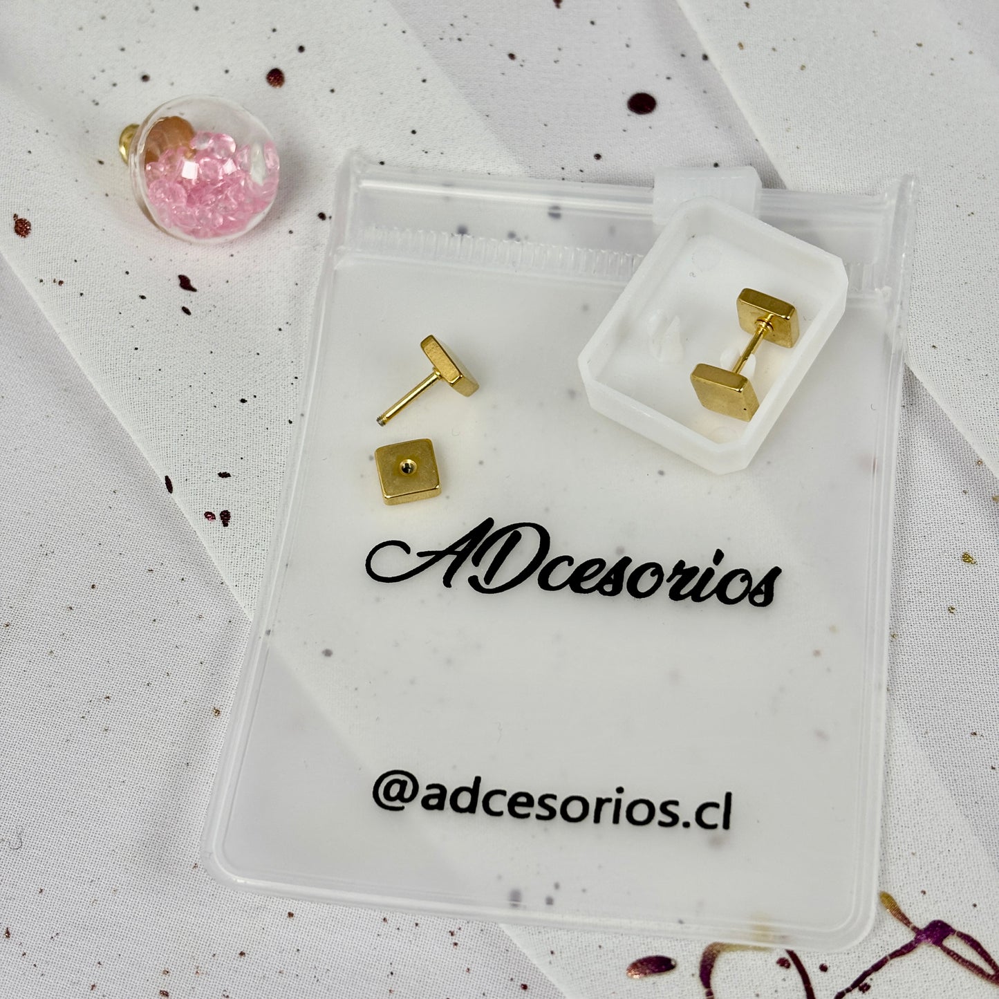 Mini Aros Acero Quirúrgico Doble Cuadrado Dorado - Tope Tornillo