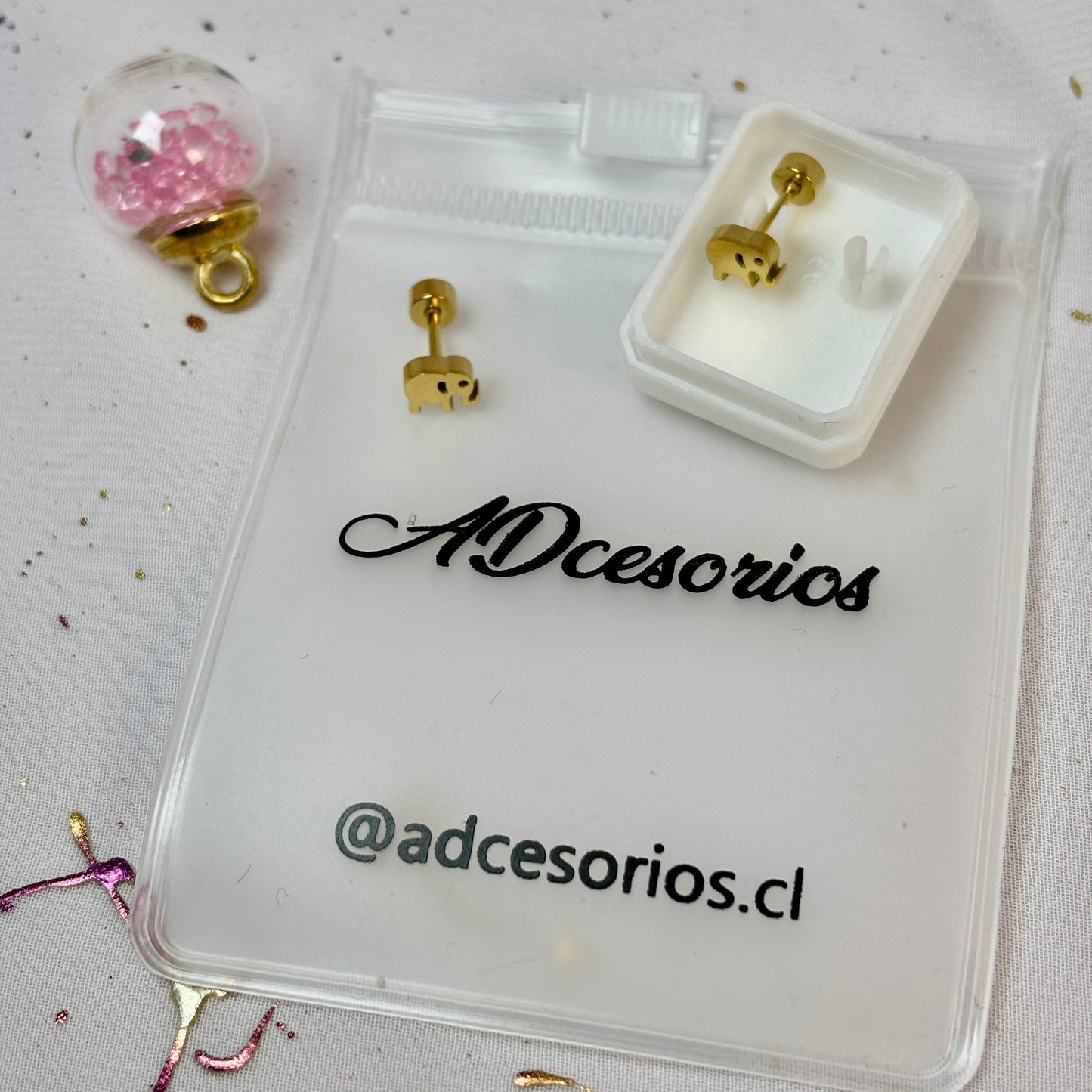 Mini Aros Acero Quirúrgico Dorado Elefante - Tope Tornillo