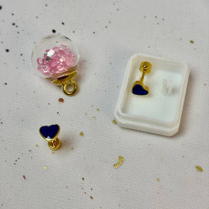 Mini Aros Acero Quirúrgico Dorado Corazón Azul - Tope Tornillo