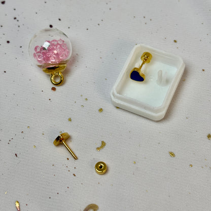 Mini Aros Acero Quirúrgico Dorado Corazón Azul - Tope Tornillo