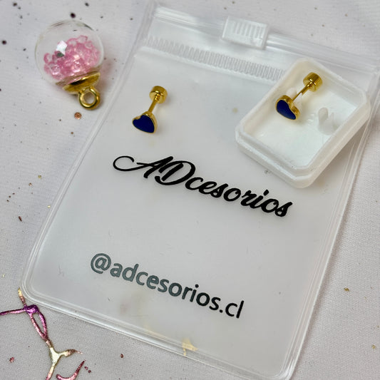 Mini Aros Acero Quirúrgico Dorado Corazón Azul - Tope Tornillo