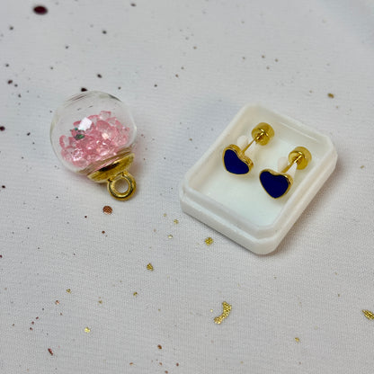 Mini Aros Acero Quirúrgico Dorado Corazón Azul - Tope Tornillo