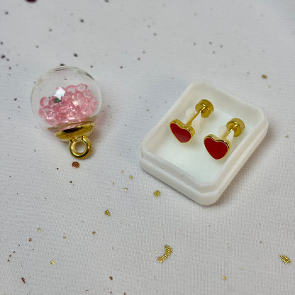 Mini Aros Acero Quirúrgico Dorado Corazón Rojo - Tope Tornillo
