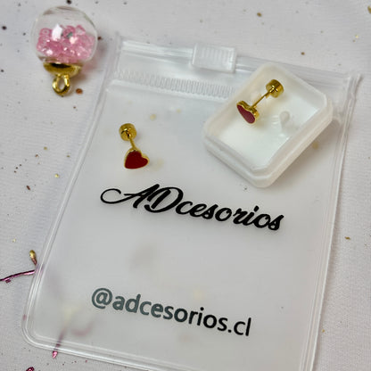 Mini Aros Acero Quirúrgico Dorado Corazón Rojo - Tope Tornillo