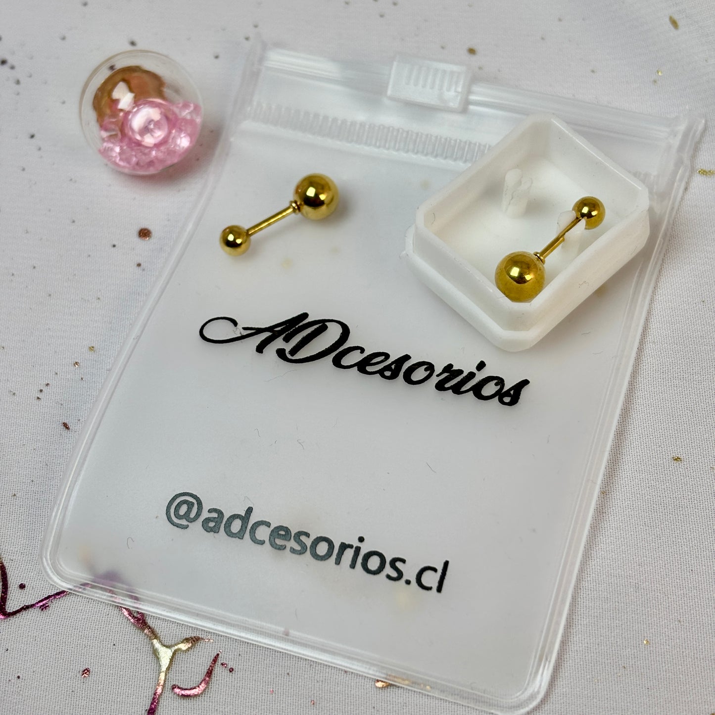 Mini Aros Acero Quirúrgico Dorado Doble Esfera 6MM - Tope Tornillo