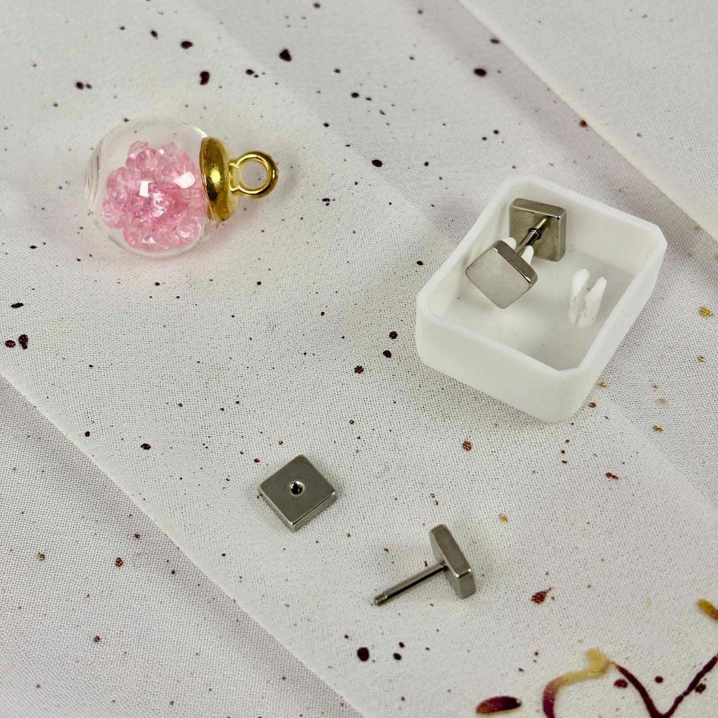 Mini Aros Acero Quirúrgico Doble Cuadrado Plateado - Tope Tornillo