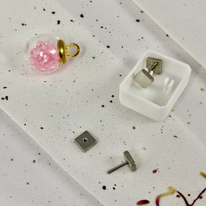 Mini Aros Acero Quirúrgico Doble Cuadrado Plateado - Tope Tornillo