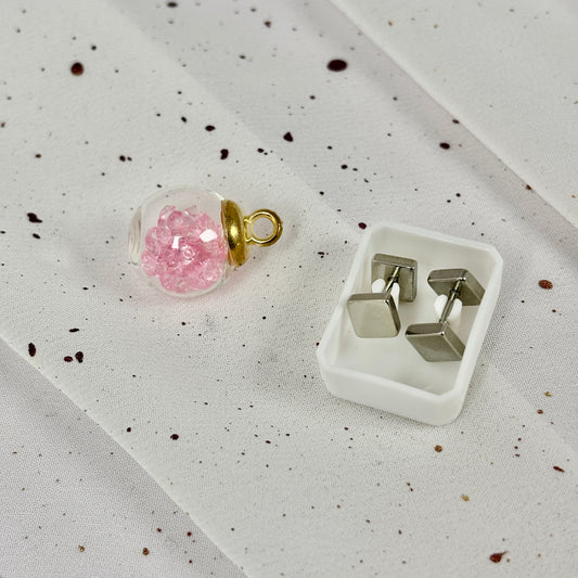 Mini Aros Acero Quirúrgico Doble Cuadrado Plateado - Tope Tornillo