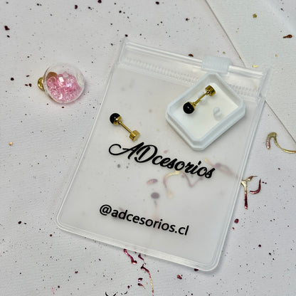 Mini Aros Acero Quirúrgico Dorado Perla Negra 4MM - Tope Tornillo