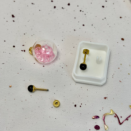 Mini Aros Acero Quirúrgico Dorado Perla Negra 4MM - Tope Tornillo