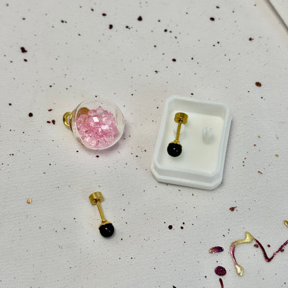 Mini Aros Acero Quirúrgico Dorado Perla Negra 4MM - Tope Tornillo