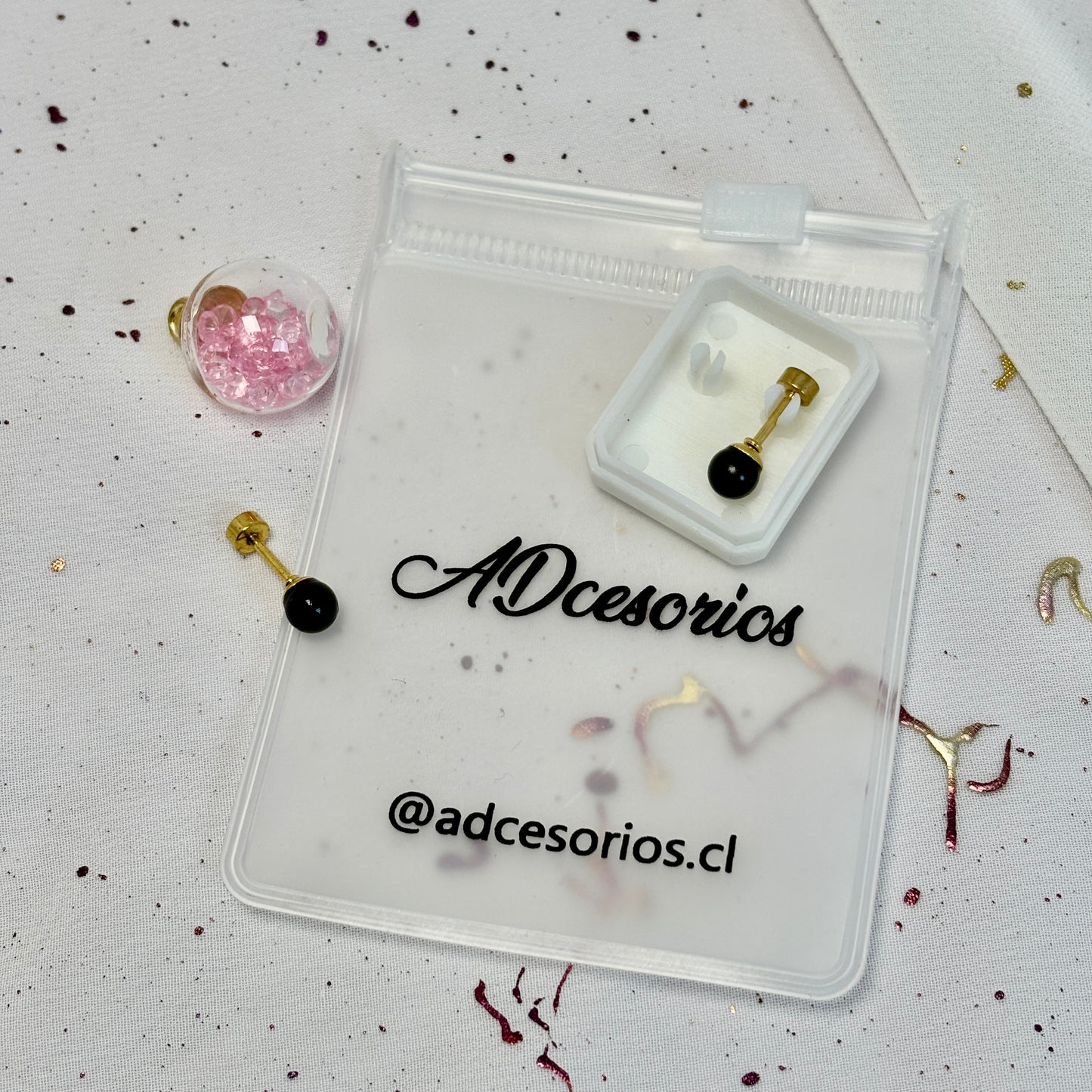 Mini Aros Acero Quirúrgico Dorado Perla Negra 5MM - Tope Tornillo