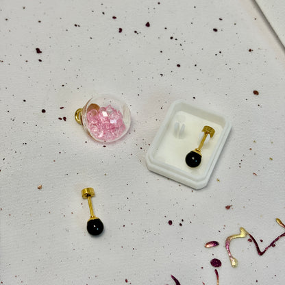 Mini Aros Acero Quirúrgico Dorado Perla Negra 5MM - Tope Tornillo