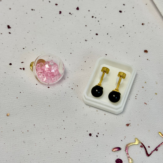 Mini Aros Acero Quirúrgico Dorado Perla Negra 6MM - Tope Tornillo