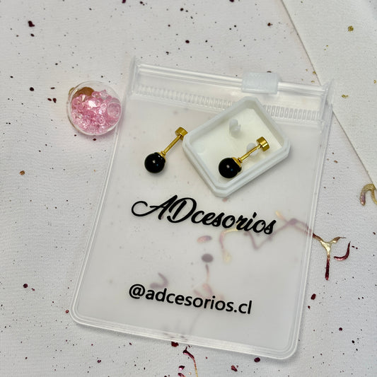 Mini Aros Acero Quirúrgico Dorado Perla Negra 6MM - Tope Tornillo