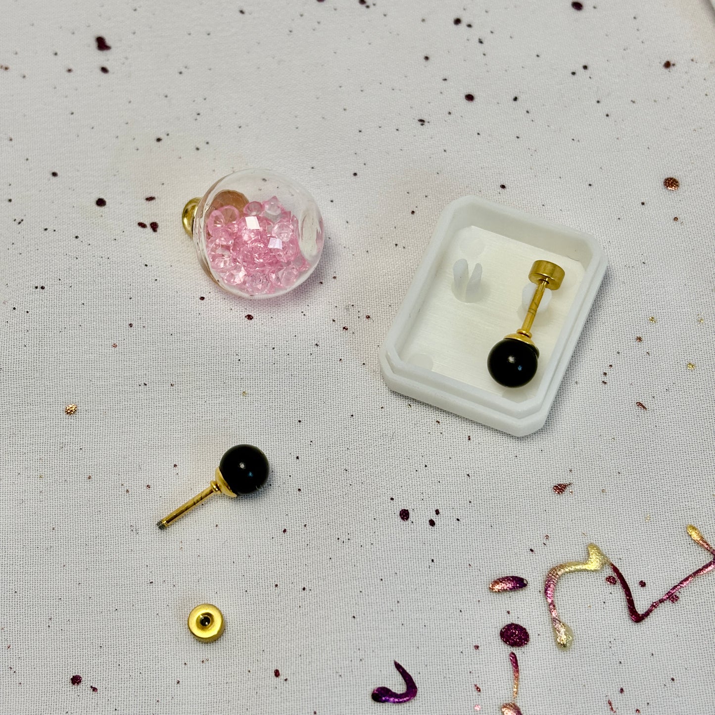 Mini Aros Acero Quirúrgico Dorado Perla Negra 6MM - Tope Tornillo