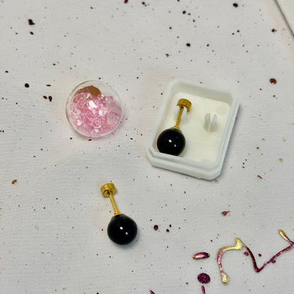 Mini Aros Acero Quirúrgico Dorado Perla Negra 8MM - Tope Tornillo