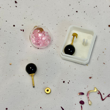 Mini Aros Acero Quirúrgico Dorado Perla Negra 8MM - Tope Tornillo