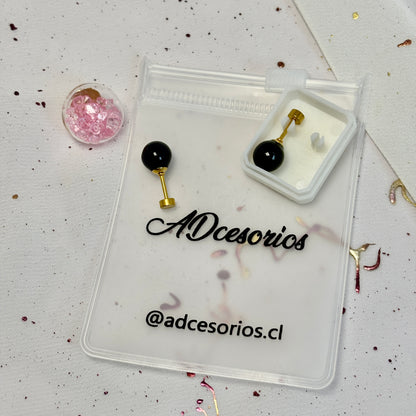 Mini Aros Acero Quirúrgico Dorado Perla Negra 8MM - Tope Tornillo