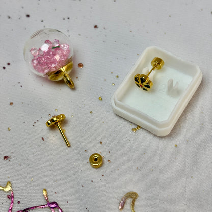 Mini Aros Acero Quirúrgico Dorado Flor Negro - Tope Tornillo