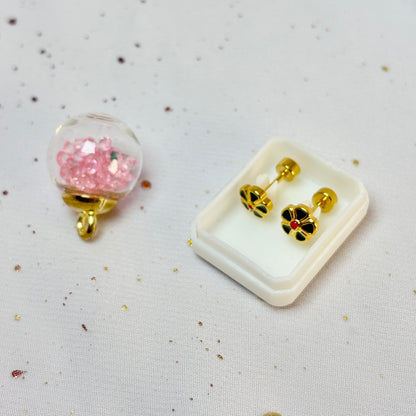 Mini Aros Acero Quirúrgico Dorado Flor Negro - Tope Tornillo