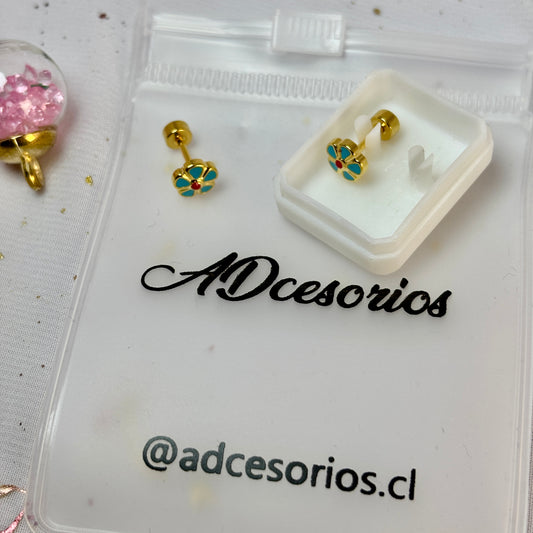 Mini Aros Acero Quirúrgico Dorado Flor Azul - Tope Tornillo