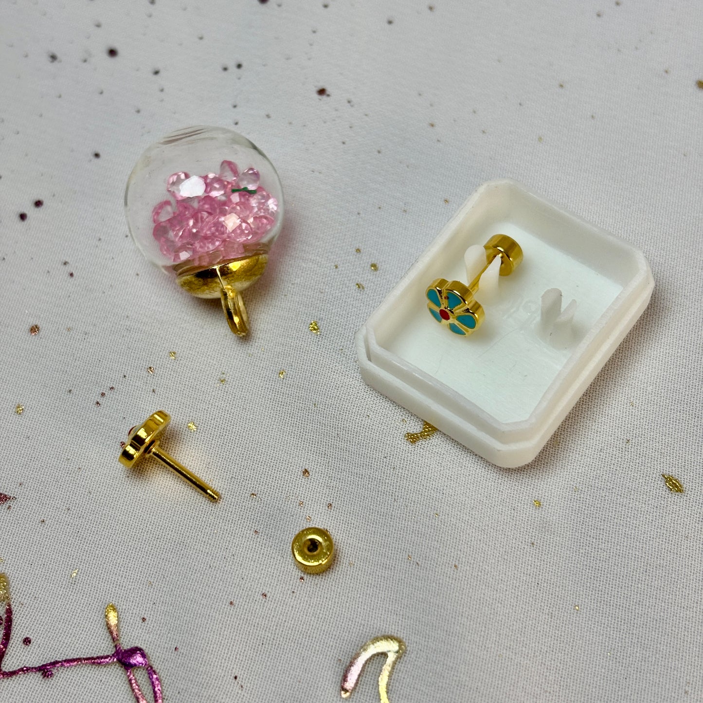 Mini Aros Acero Quirúrgico Dorado Flor Azul - Tope Tornillo