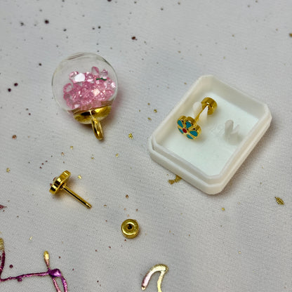 Mini Aros Acero Quirúrgico Dorado Flor Azul - Tope Tornillo