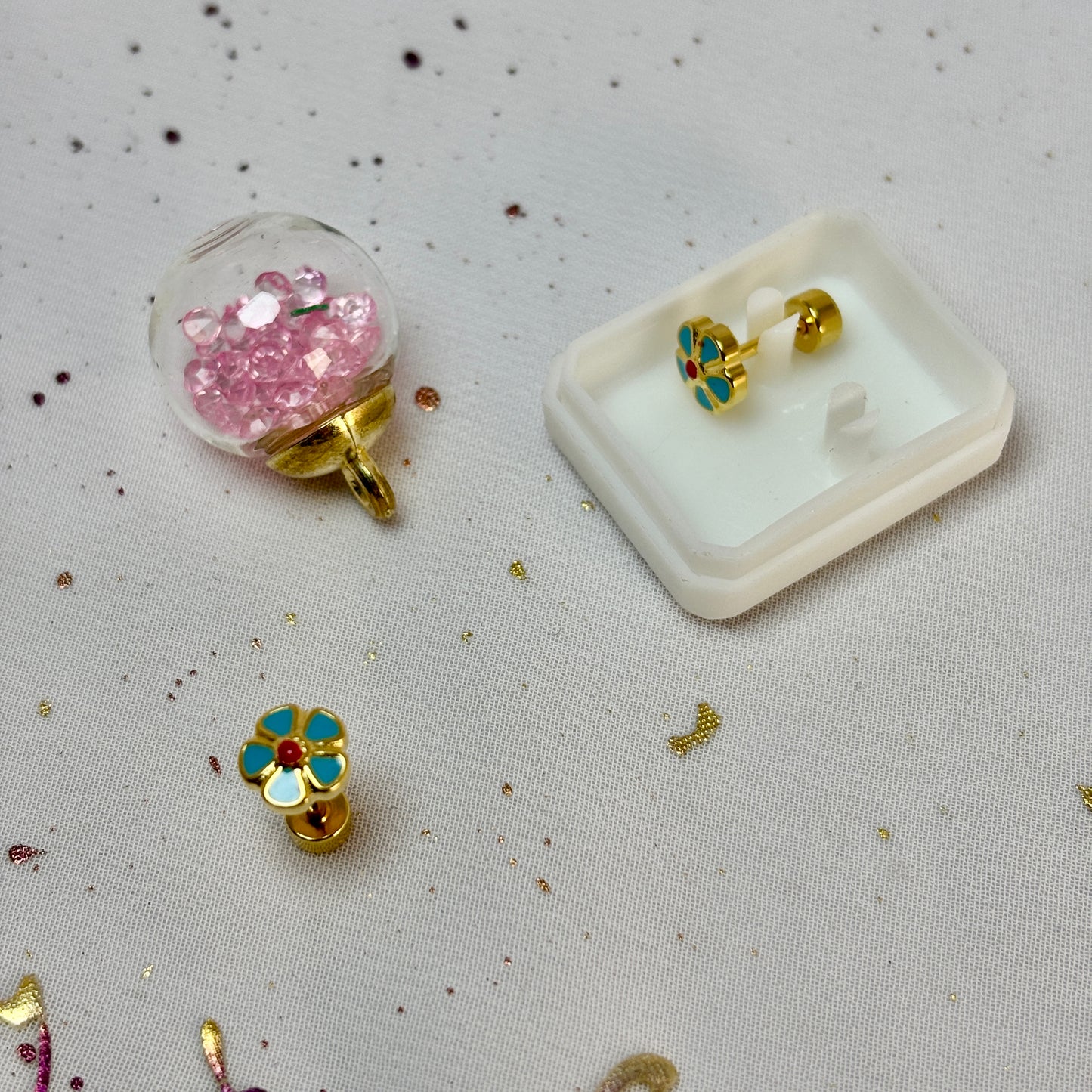 Mini Aros Acero Quirúrgico Dorado Flor Azul - Tope Tornillo