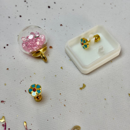 Mini Aros Acero Quirúrgico Dorado Flor Azul - Tope Tornillo