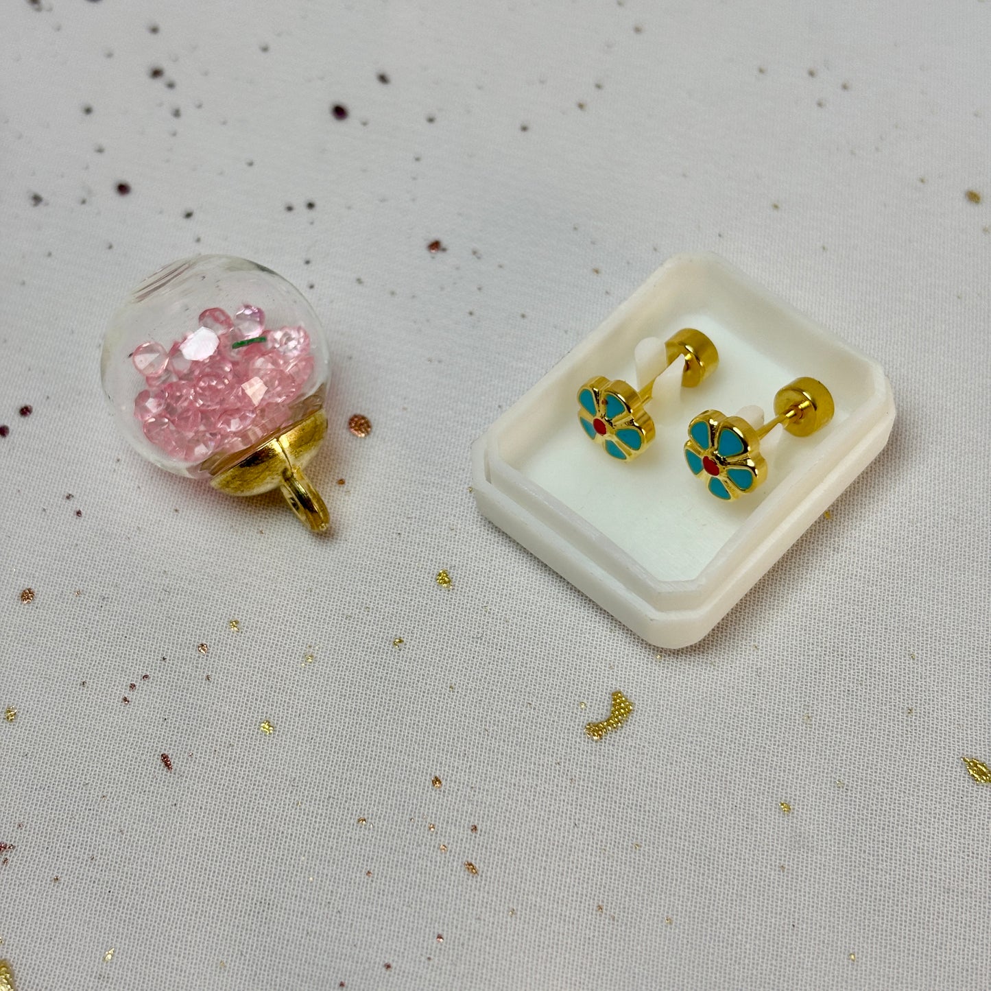 Mini Aros Acero Quirúrgico Dorado Flor Azul - Tope Tornillo