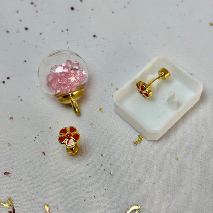 Mini Aros Acero Quirúrgico Dorado Flor Rojo - Tope Tornillo