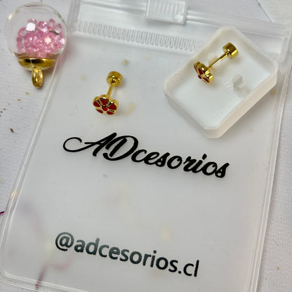 Mini Aros Acero Quirúrgico Dorado Flor Rojo - Tope Tornillo