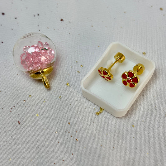 Mini Aros Acero Quirúrgico Dorado Flor Rojo - Tope Tornillo