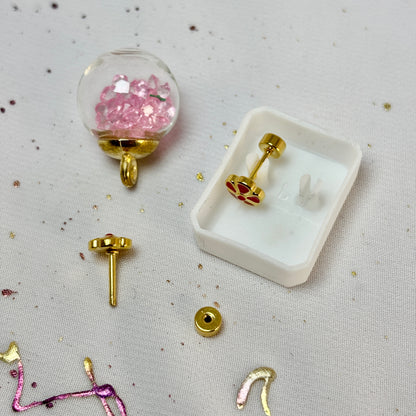 Mini Aros Acero Quirúrgico Dorado Flor Rojo - Tope Tornillo