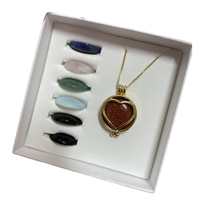 Collar Relicario Enchapado En Oro 18K 7 Piedras Naturales Corazón