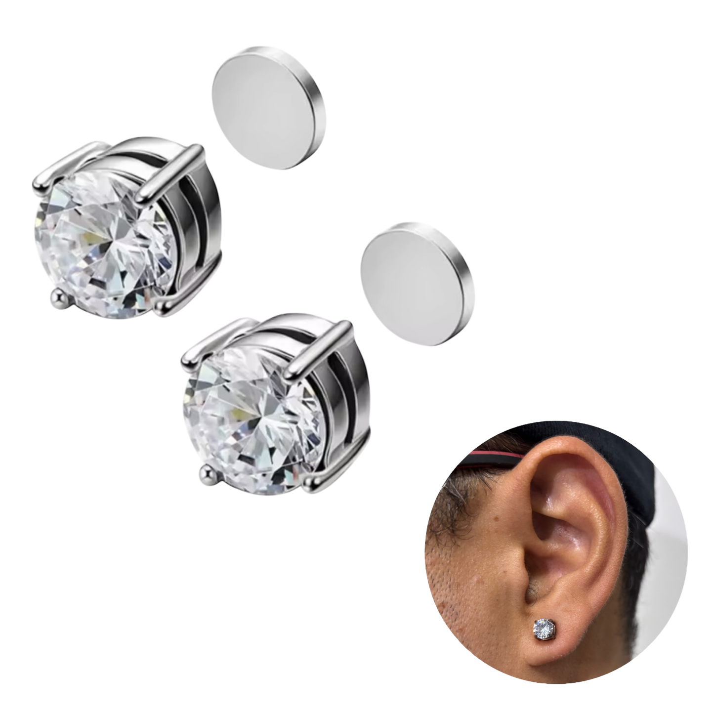 Aros Imán Punto de luz Plateado Circón Blanco Redondo 6MM