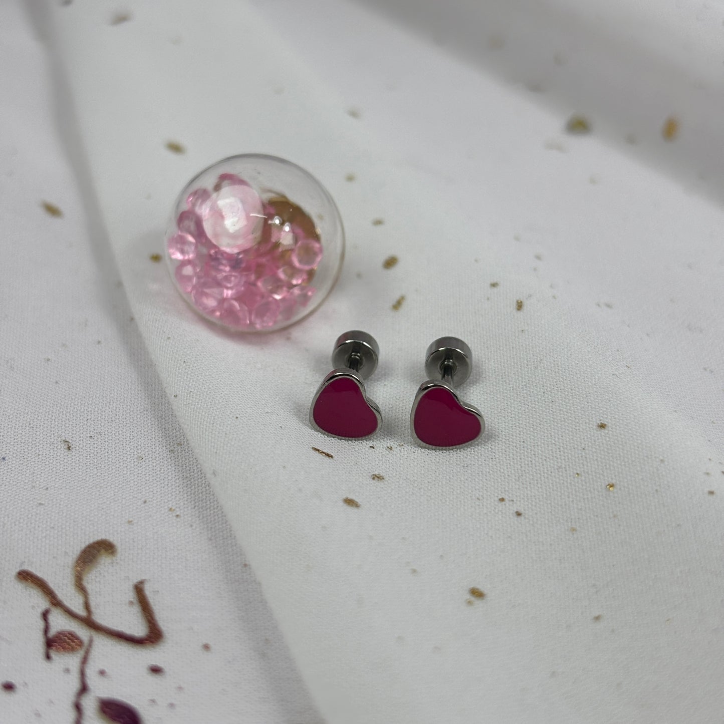 Mini Aros Acero Quirúrgico Plateado Corazón Rosa Oscuro - Tope Tornillo