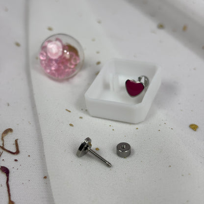 Mini Aros Acero Quirúrgico Plateado Corazón Rosa Oscuro - Tope Tornillo