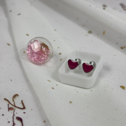 Mini Aros Acero Quirúrgico Plateado Corazón Rosa Oscuro - Tope Tornillo