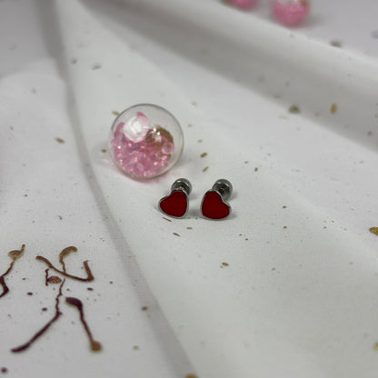 Mini Aros Acero Quirúrgico Plateado Corazón Rojo - Tope Tornillo