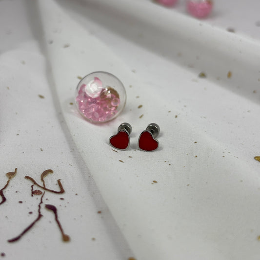 Mini Aros Acero Quirúrgico Plateado Corazón Rojo - Tope Tornillo