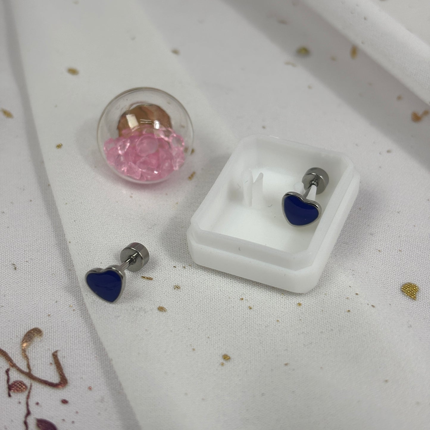 Mini Aros Acero Quirúrgico Plateado Corazón Azul Oscuro - Tope Tornillo